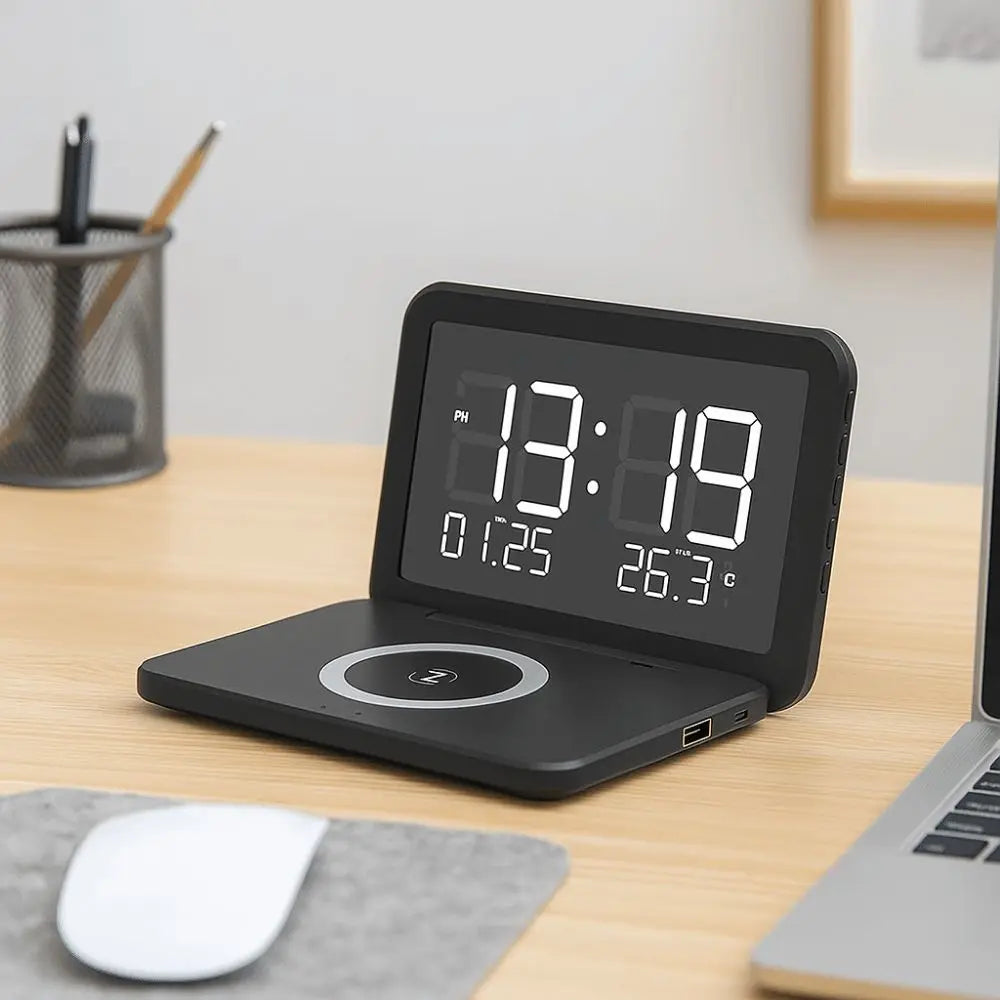 Smart LED Mirror Alarm Clock with Wireless Charger