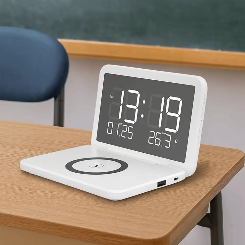 Smart LED Mirror Alarm Clock with Wireless Charger