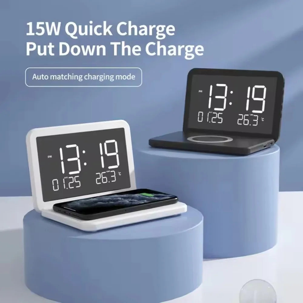 Smart LED Mirror Alarm Clock with Wireless Charger