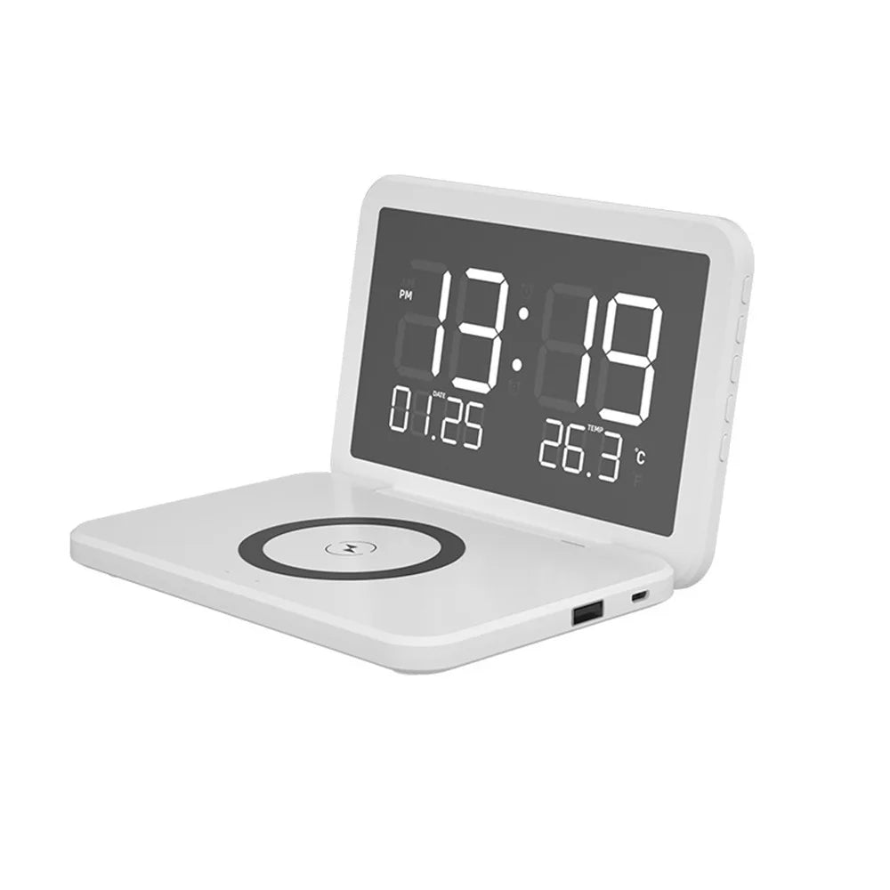 Smart LED Mirror Alarm Clock with Wireless Charger