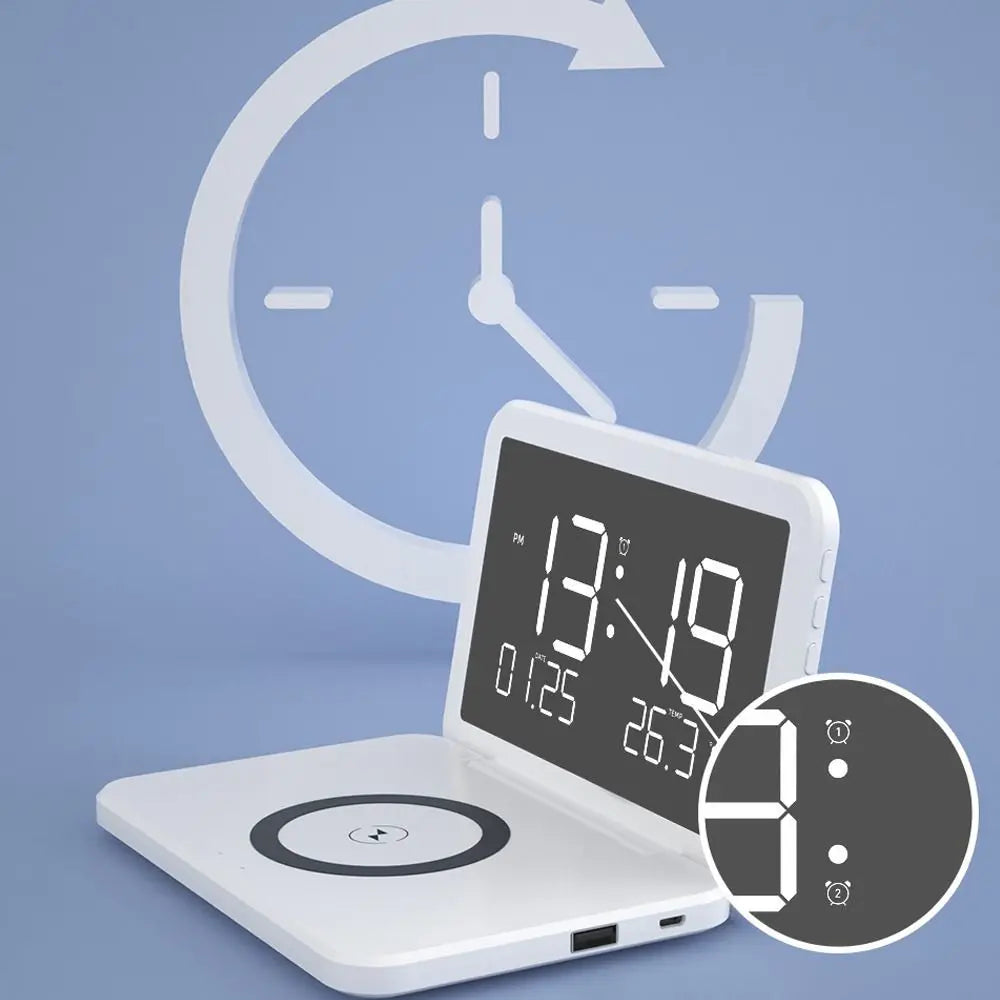 Smart LED Mirror Alarm Clock with Wireless Charger