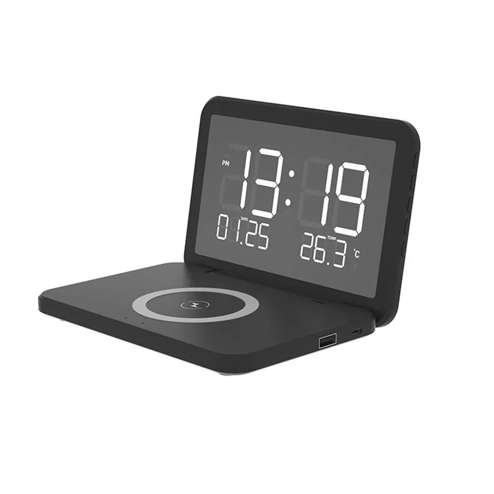 Smart LED Mirror Alarm Clock with Wireless Charger